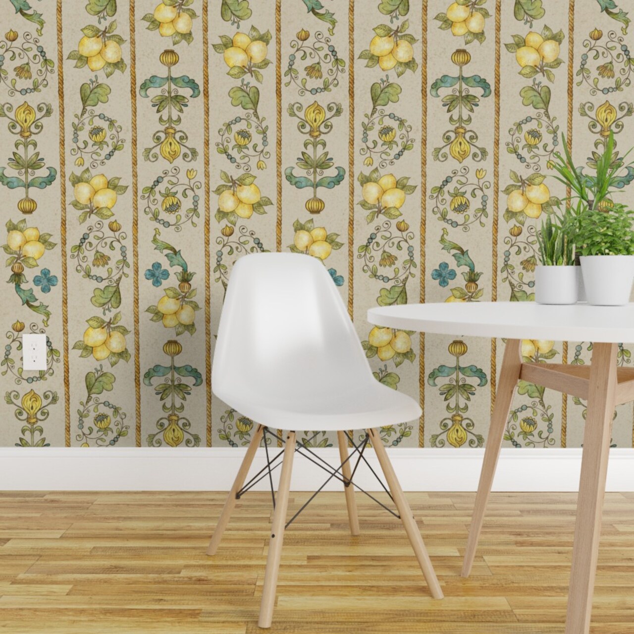 Peel & Stick Wallpaper 2FT Wide Yellow Teal Floral Gold Large Scale Hand Drawn Lemons Italian Florentine Botanical Fruit Directional Custom Removable Wallpaper by Spoonflower